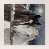 Two Horses on a Snowy Farm under the Moonlight  ジグソーパズル (横)