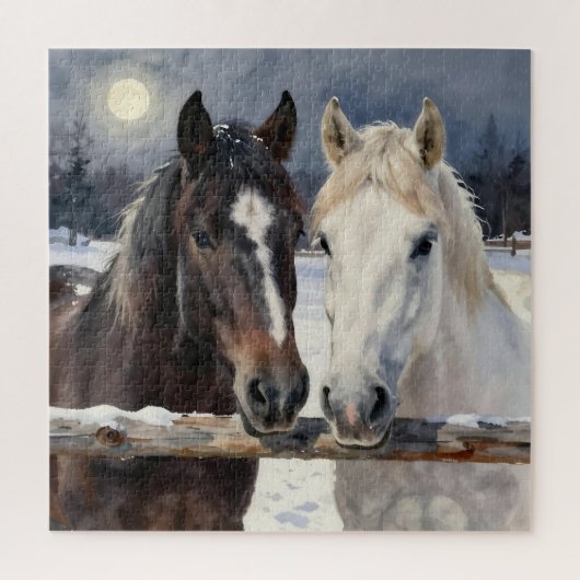 Two Horses on a Snowy Farm under the Moonlight  ジグソーパズル (縦)