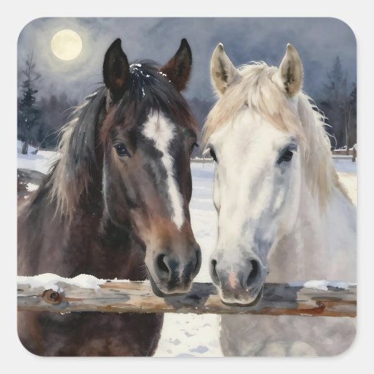 Two Horses on a Snowy Farm under the Moonlight  スクエアシール (正面)