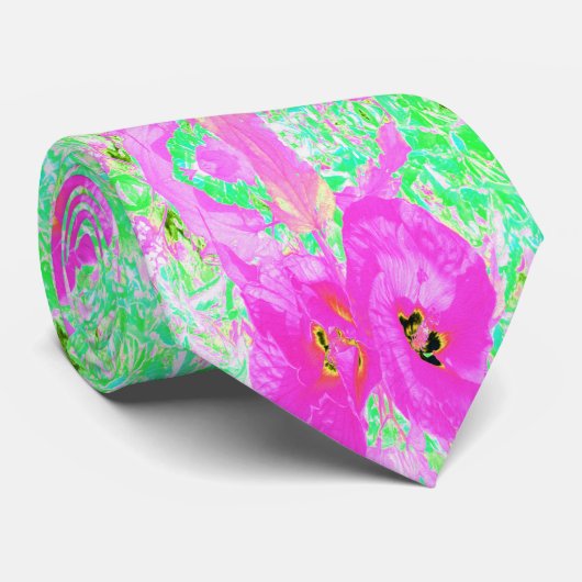 Two Hot Pink Plum Crazy Hibiscus on Lime Green ネクタイ (ロール)