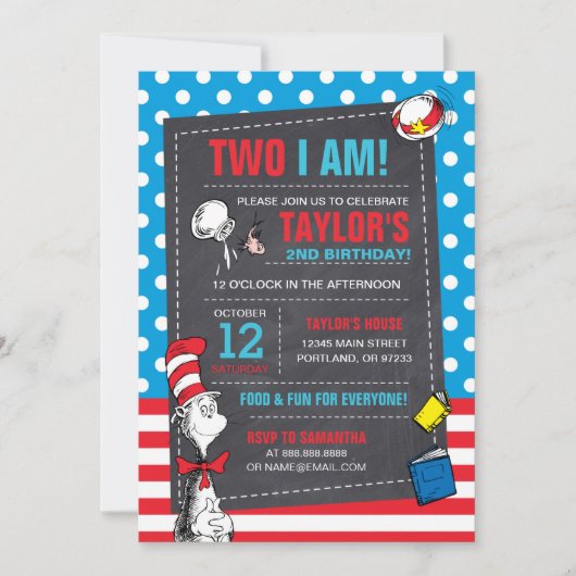 Two I Am | キャット・イン・ザ・ハット 黒板 誕生日 招待状 (正面)