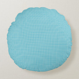 Two images of a round pillow with a blue checkered ラウンドクッション