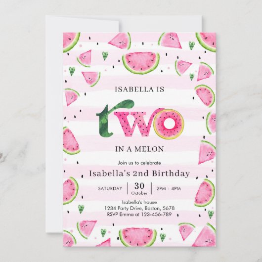 Two In A Melon Watermelon 2nd Birthday Invitation 招待状 (正面)