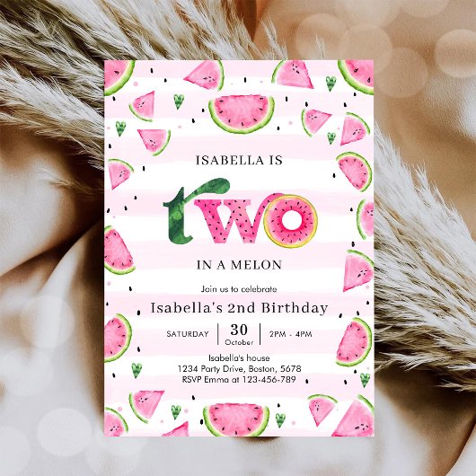Two In A Melon Watermelon 2nd Birthday Invitation 招待状