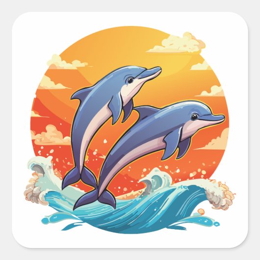 Two jumping cartoon dolphin スクエアシール (正面)