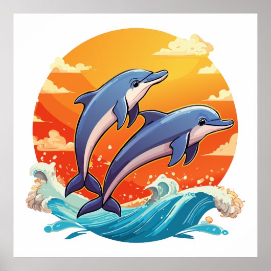 Two jumping cartoon dolphin ポスター (正面)