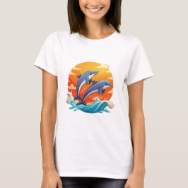Two jumping cartoon dolphin tシャツ