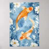 Two koi carp swimming among flowers.  ポスター (正面)