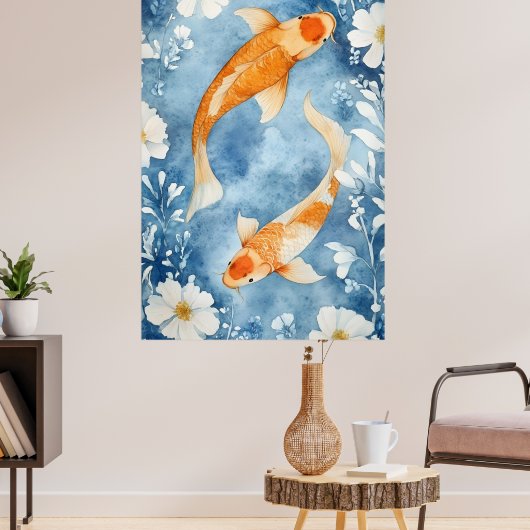 Two koi carp swimming among flowers.  ポスター (リビング3)