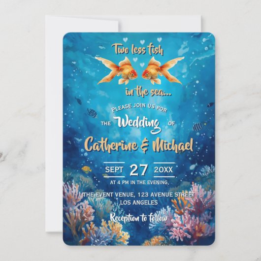 Two Less Fish In The Sea Underwater Wedding 招待状 (正面)