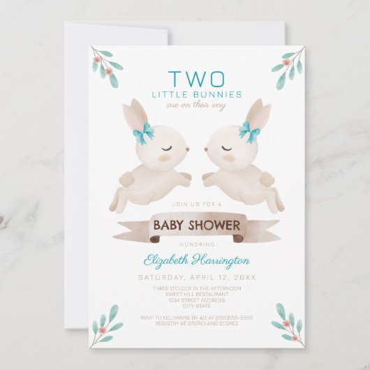 Two Little Bunnies Bunny Twin Boys Baby Shower 招待状 (正面)