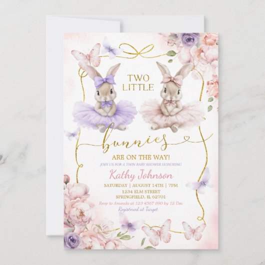 Two Little Bunnies Twins Floral Girl Baby Shower 招待状 (正面)