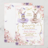 Two Little Bunnies Twins Floral Girl Baby Shower 招待状 (正面/裏面)