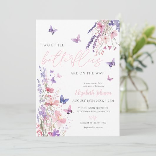 Two Little Butterflies Baby Shower Photo QR Code 招待状 (スタンド正面)