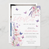 Two Little Butterflies Baby Shower Photo QR Code 招待状 (正面/裏面)
