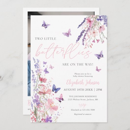 Two Little Butterflies Baby Shower Photo QR Code 招待状 (正面/裏面)