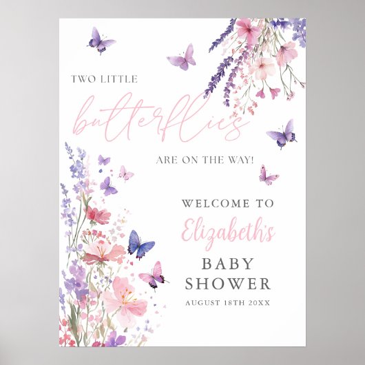 Two Little Butterflies Baby Shower Welcome Sign ポスター (正面)