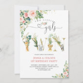 Two Little Girls TWIN Floral Animals Birthday 招待状 (正面)