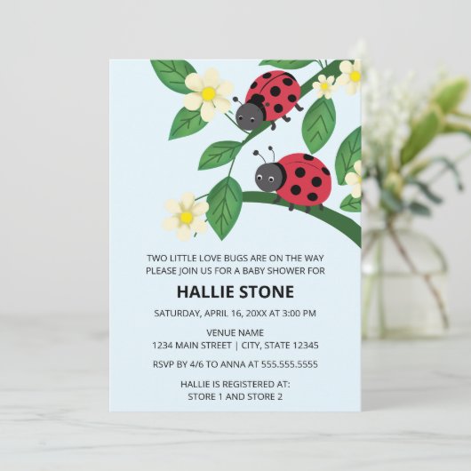 Two Little Love Bugs Ladybug Baby Shower 招待状 (スタンド正面)