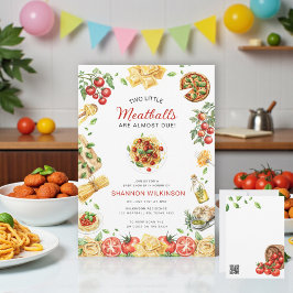 Two Little Meatballs Pasta Baby Shower QRコード 招待状