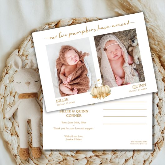 Two Little Pumpkins Twin Baby Photo Announcement 案内状