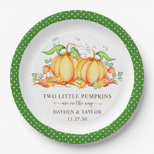Two Little Pumpkins Twin Baby Shower ペーパープレート (正面)