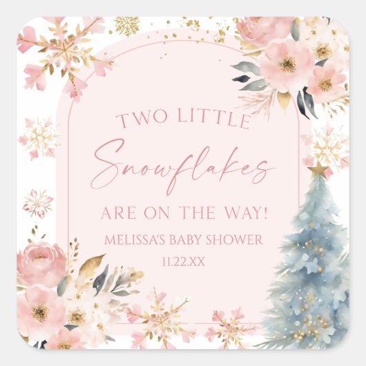 Two Little Snowflakes Winter Twins Baby Shower  スクエアシール (正面)