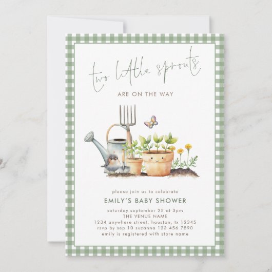 Two Little Sprouts Twins Sage Gingham Baby Shower  招待状 (正面)
