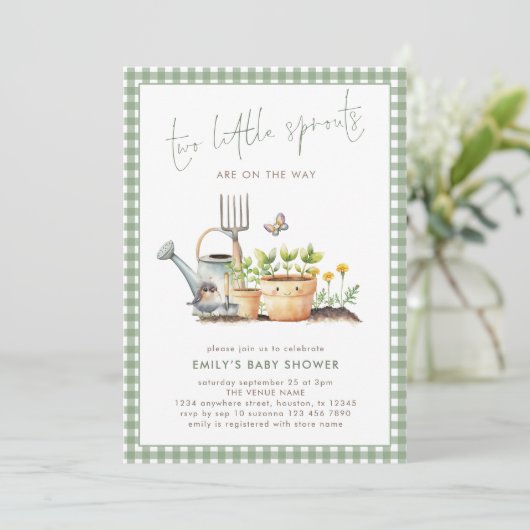 Two Little Sprouts Twins Sage Gingham Baby Shower  招待状 (スタンド正面)