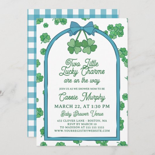 Two Lucky Charms Clovers Boy Twins Baby Shower 招待状 (正面/裏面)