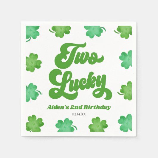 Two Lucky Green Shamrock Clover 2nd Birthday Party スタンダードカクテルナプキン (正面)