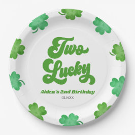 Two Lucky Green Shamrock Clover Birthday Party ペーパープレート