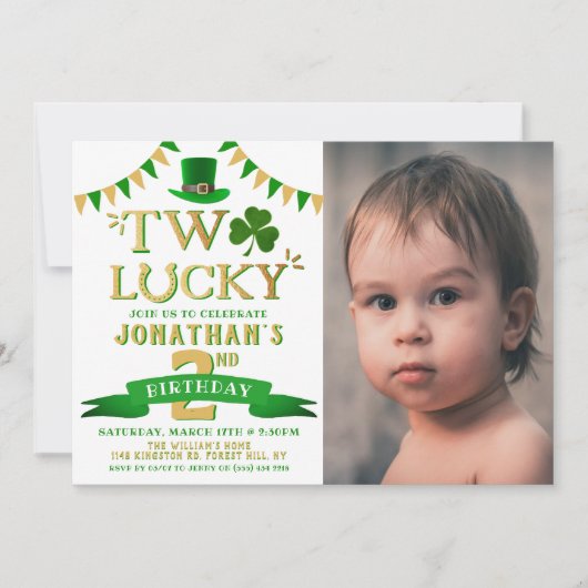 Two Lucky St. Patrick's Day 2nd Birthday Photo 招待状 (正面)