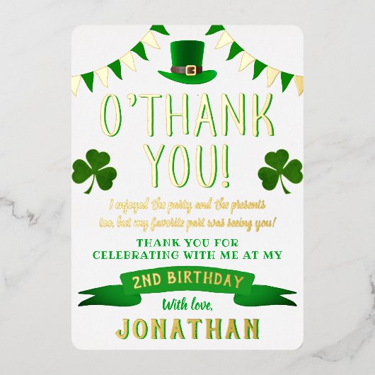 Two Lucky St. Patrick's Day 2nd Birthday Thank You 箔招待状 (正面)