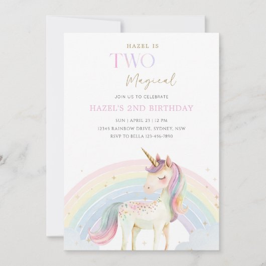 Two Magical Unicorn Rainbow 2nd Birthday Party 招待状 (正面)
