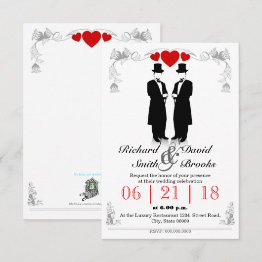 Two men in tuxedo with hats - Gay wedding 招待状 (正面/裏面)