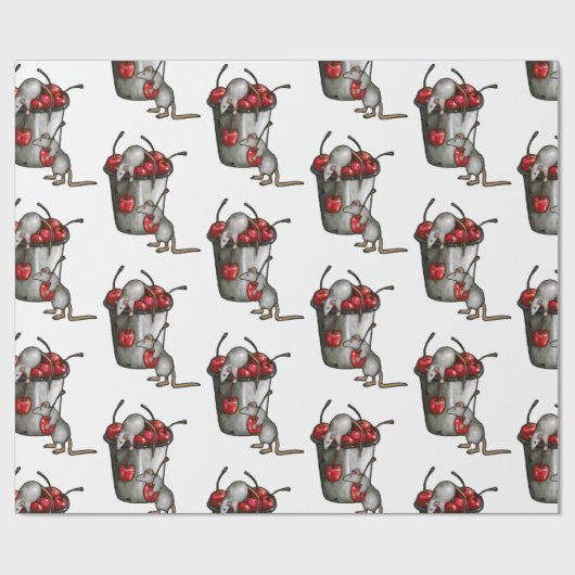Two MICE Stealing Cherries, Bucket of Cherries Art ラッピングペーパー (フラット)