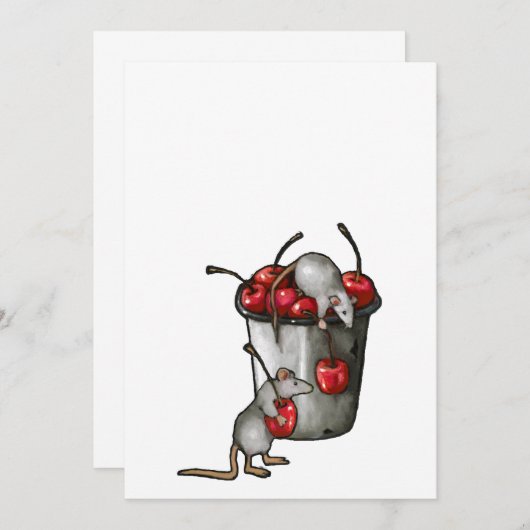 Two MICE Stealing Cherries, Bucket of Cherries Art 招待状 (正面/裏面)