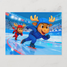 Two Moose Speed Skating on an Icy Track ポストカード