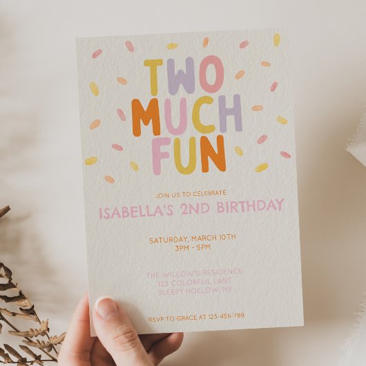 Two Much Fun 2nd Birthday Girl Colorful Confetti 招待状