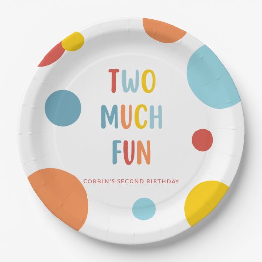 Two Much Fun Colorful 2nd Birthday Party Plates ペーパープレート (正面)