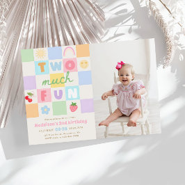 Two much Fun Colorful Gingham 2nd Birthday Photo 招待状