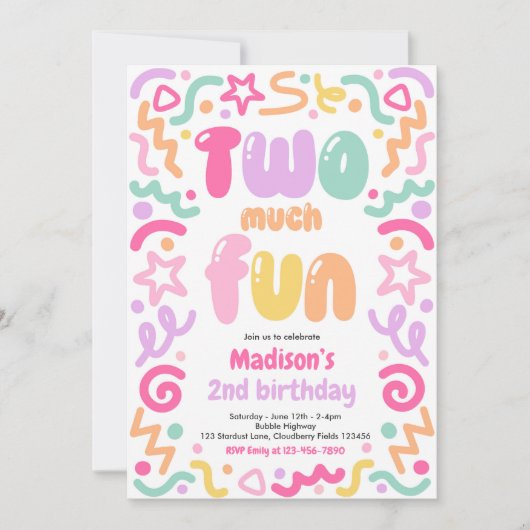 Two Much Fun Confetti Balloon 2nd Birthday  招待状 (正面)