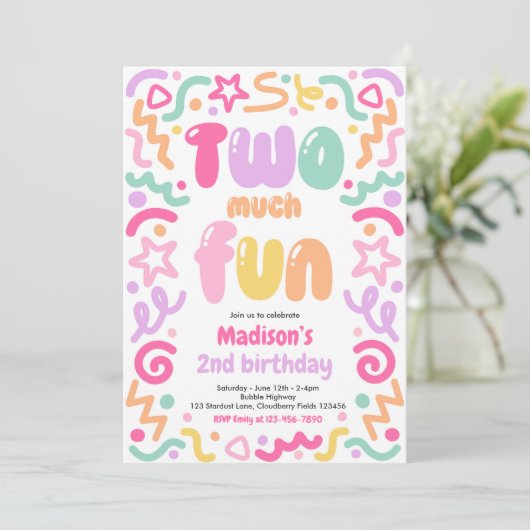 Two Much Fun Confetti Balloon 2nd Birthday  招待状 (スタンド正面)