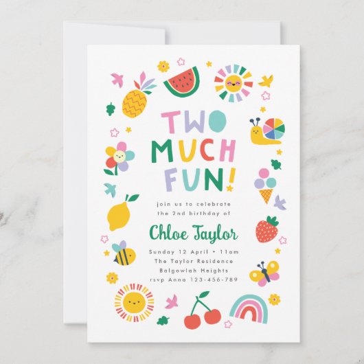 Two Much Fun Invite, Girls Second Birthday  招待状 (正面)