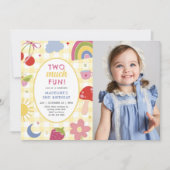 Two Much Fun Retro Hand Drawn 2nd Birthday Photo 招待状 (正面)