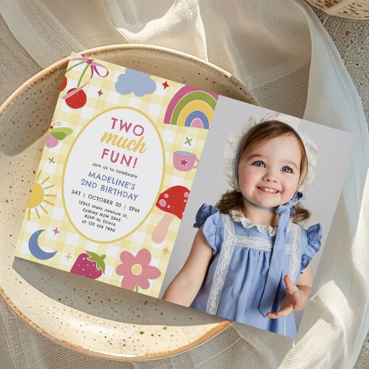 Two Much Fun Retro Hand Drawn 2nd Birthday Photo 招待状