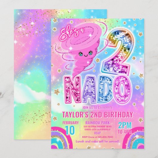 Two Nado Rainbow Glitter 2nd Birthday Party  招待状 (正面/裏面)