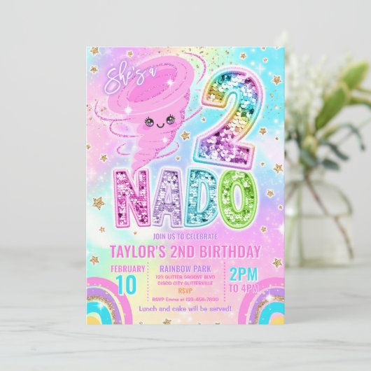Two Nado Rainbow Glitter 2nd Birthday Party 招待状 (スタンド正面)
