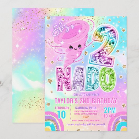 Two Nado Rainbow Glitter 2nd Birthday Party 招待状 (正面/裏面)